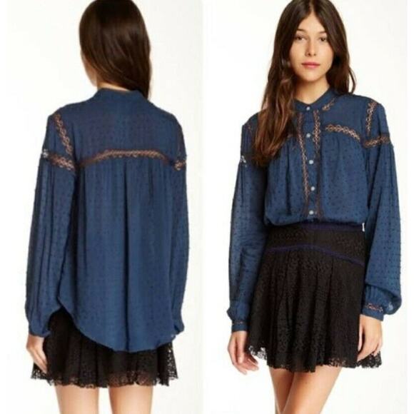 Free People Navy Lace Button Down Blouse - Picture 1 of 7